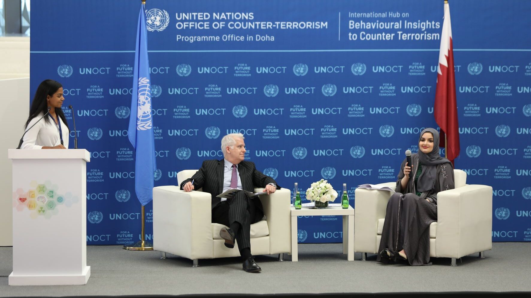 Maryam Abdulaziz Al-Thani moderating the United Nations Office of Counter-Terrorism (UNOCT) Global Youth Town Hall with Director and Deputy to the Under-Secretary-General at UNOCT Raffi Gregorian